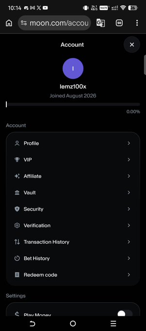 Identical mobile screenshot of a moon.com account page for user "lemz100x" joined August 2026, showing Account menu options like Profile, VIP, Affiliate, Vault, Security, Verification, Transaction History, Bet History, and Redeem code.