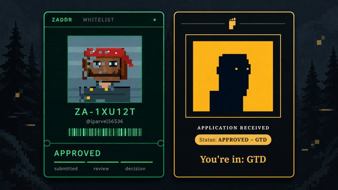 A ZADDR WHITELIST approval card for 'ZA-1XU12T' (@iparvel56536) shows status 'APPROVED - GTD' alongside an 'APPLICATION RECEIVED' confirmation stating 'You're in: GTD'.