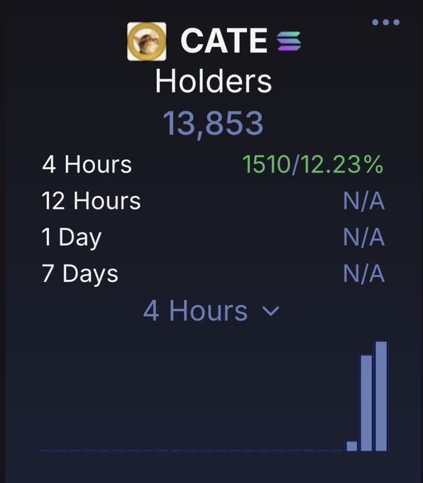 The image shows a "CATE Holders" tracker displaying 13,853 total holders, with a 12.23% increase (1,510 new holders) in the last 4 hours, while longer timeframes show N/A — indicating the token is brand new. This growth on Day 1 supports the post's excited tone about the early traction of the $cate token.