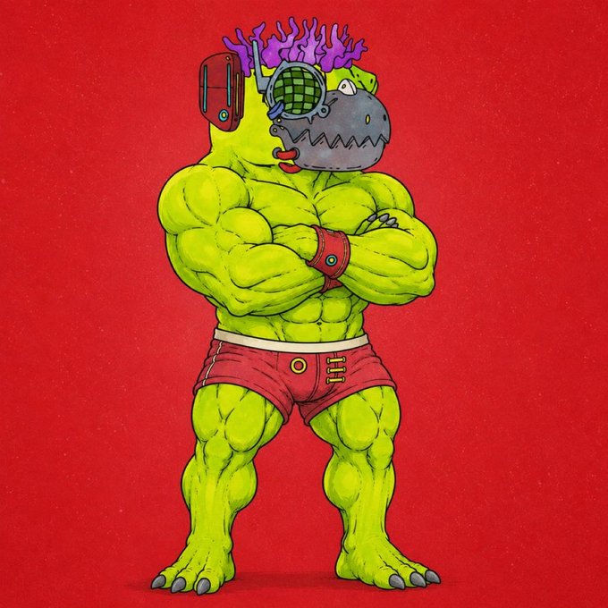 A cartoon illustration of a muscular green dinosaur-like creature with purple flame-like hair, wearing a mechanical eyepiece, red wristbands, and red shorts with arms crossed against a red background.