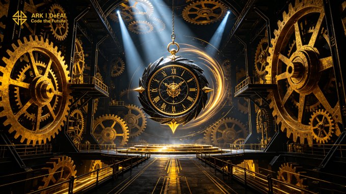 A grand steampunk-style mechanical chamber features an ornate central clock suspended by chains, surrounded by massive golden gears and illuminated by dramatic spotlights, with the text "ARK | DeFAI Code the Future" visible in the upper left corner. The image symbolizes the post's message about timing and execution, with the central clock representing momentum and the intricate machinery representing the collaborative progress of the Arkie AI App and ARK community transforming ideas into action.