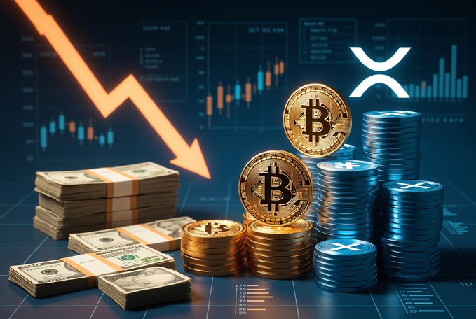 A financial graphic featuring a downward orange arrow, cash stacks, Bitcoin and XRP coins, and a candlestick chart in the background.