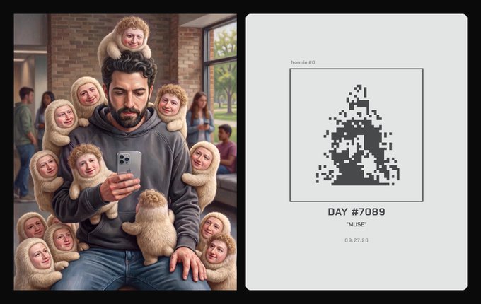 The image shows a man in a gray hoodie surrounded by small llama-like creatures with human faces, taking a photo with his phone on the left, paired with "Normie #0" — a pixelated, triangular gray abstract figure labeled "DAY #7089 'MUSE'" dated 09.27.20 on the right. The juxtaposition illustrates Beeple's Everyday artwork (the original portrait piece) reimagined in the pixelated "Normies" 40x40 grid format, as referenced in the post about transforming Beeple's work into the NCU (Normies Cinematic Universe) canvas.