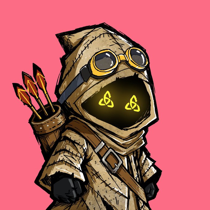 An illustration of a hooded archer character with glowing yellow Celtic knot eyes on a dark hood, carrying arrows in a quiver against a pink background.