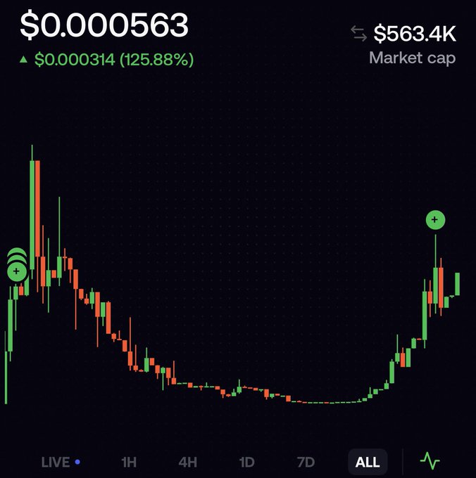 A cryptocurrency price chart showing a token at $0.000563 with a 125.88% increase, a market cap of $563.4K, displaying an overall time frame candlestick pattern.