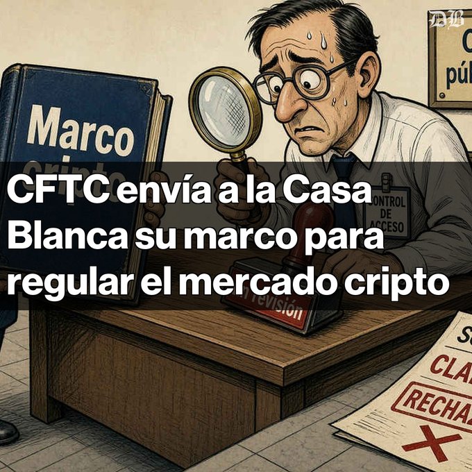 A cartoon illustration of a worried man holding a magnifying glass and a book labeled 'Marco', with Spanish text overlay stating 'CFTC envía a la Casa Blanca su marco para regular el mercado cripto' (CFTC sends its framework to the White House to regulate the crypto market).