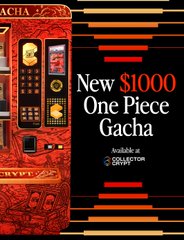A promotional graphic advertises a "$1000 One Piece Gacha" featuring an ornate red and gold gacha machine design, available on MagicEden. The image relates to the post by teasing a high-stakes $1,000 pack pull, suggesting someone may have actually purchased the premium gacha product being advertised.