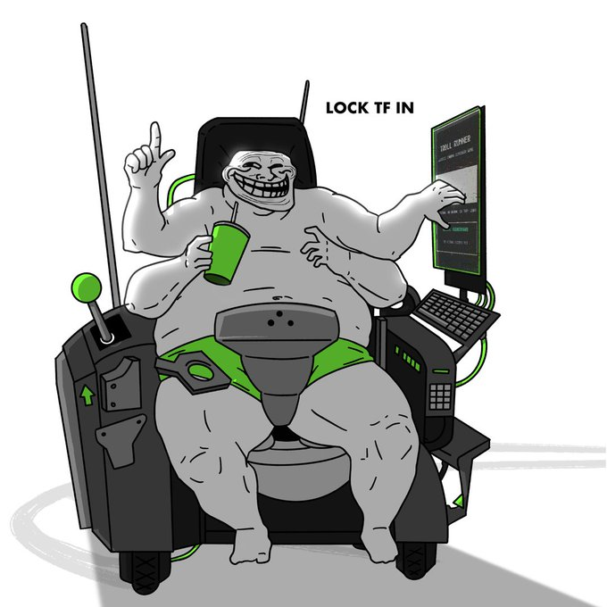 A cartoon drawing of a large troll-like character sitting on a toilet-themed gaming chair holding a green cup, with a monitor displaying "CELL LONER" and the text "LOCK TF IN" floating nearby.