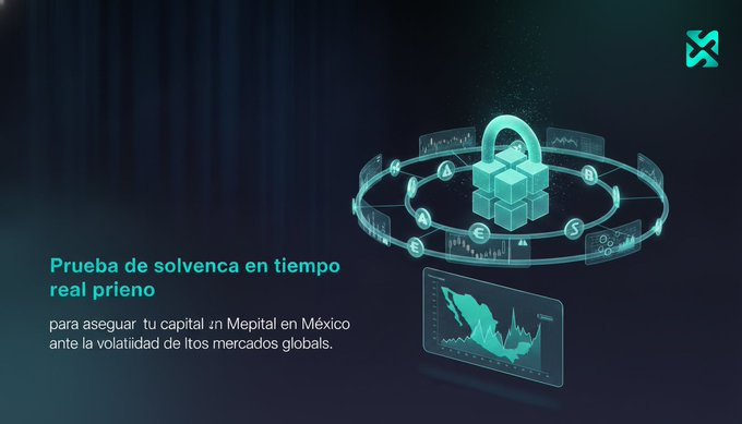 A dark blue digital graphic features a glowing teal padlock surrounded by cryptocurrency symbols (Bitcoin, Ethereum, etc.) within a circular ring, with a smaller chart display below showing a world map and market trends. The Spanish text reads "Prueba de solvencia en tiempo real prieno para asegurar tu capital en Mcpital en México ante la volatilidad de ltos mercados globales," promoting Stoxtel's real-time proof of solvency to protect crypto funds from market volatility like the KOSPI rally mentioned in the post.