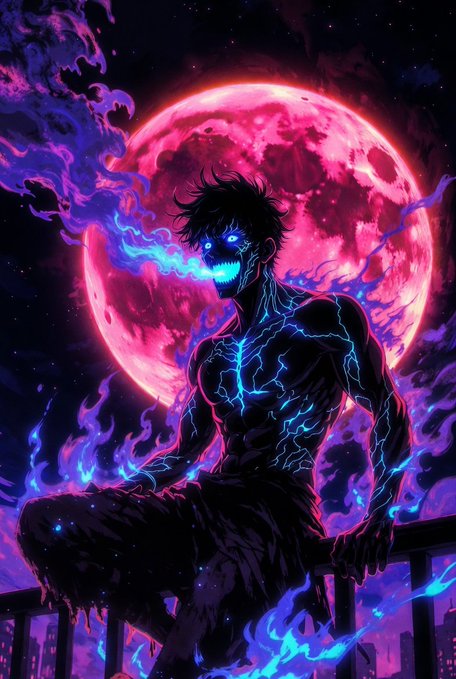 A dark-haired anime figure with glowing blue eyes and a jagged grin sits against a massive pink blood moon, surrounded by swirling purple and blue flames and crackling electric energy across their body. The intense, otherworldly imagery captures the chaotic "good morning" energy, radiating a fierce, supernatural vibe to greet the day.