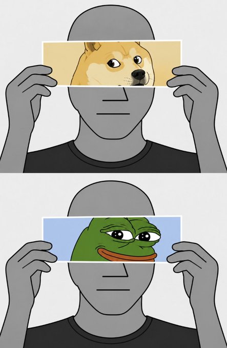 A two-panel cartoon of a gray figure holding a strip of paper across their eyes showing the Cheems doge meme on top and the Pepe the Frog meme on the bottom.