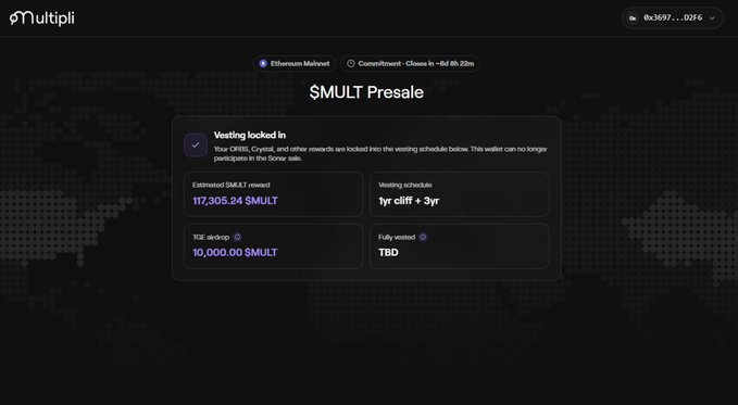 The Multipli “$MULTI Presale” page shows vesting information: “Vesting locked in,” “Vesting schedule 1yr cliff + 3yr,” “TGE airdrop 10,000.00 $MULTI,” and “Fully vested TBD.”