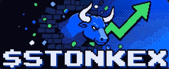 A pixel-art style logo for '$STONKEX' featuring a blue bull crashing through a brick wall with a green upward trending arrow.
