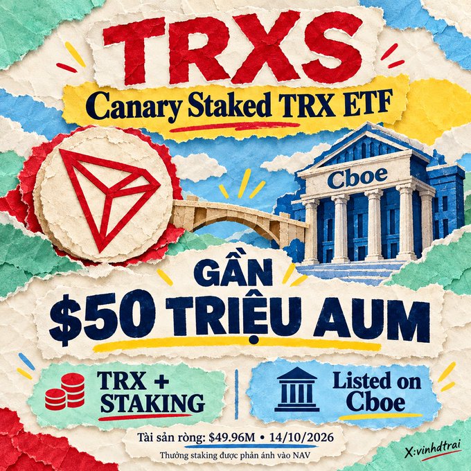 A promotional graphic with torn paper aesthetic announcing 'TRXS Canary Staked TRX ETF' approaching $50 trillion AUM, featuring the TRON logo, Cboe building illustration, and Vietnamese text crediting 'X:vinhtrai'.