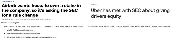 The image shows CNBC article headlines about Airbnb (June 2017) requesting SEC permission for hosts to own stock in the company, and Uber (June 2017) meeting with the SEC about giving drivers equity. These articles support the post's narrative that major platforms like Reddit, Airbnb, and Uber have historically tried but been blocked from offering ownership stakes to their users, highlighting a regulatory barrier that platforms like @stardotfun aim to overcome.