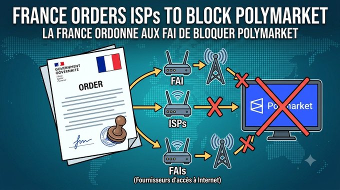 Infographic titled 'FRANCE ORDERS ISPs TO BLOCK POLYMARKET / LA FRANCE ORDONNE AUX FAI DE BLOQUER POLYMARKET' showing a French government order document directing ISPs/FAIs to block access to the Polymarket website.