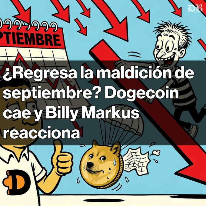 Cartoon illustration with Spanish text asking '¿Regresa la maldición de septiembre?' (Does the September curse return?) about Dogecoin falling and Billy Markus reacting, featuring a worried Dogecoin character.