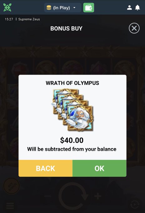 The image shows a "BONUS BUY" confirmation screen from the slot game "Supreme Zeus" on Duelbits, where the user is purchasing the "WRATH OF OLYMPUS" feature for $40.00. This aligns with the post about testing a new drop by buying a bonus on the first spin and promoting the casino platform.