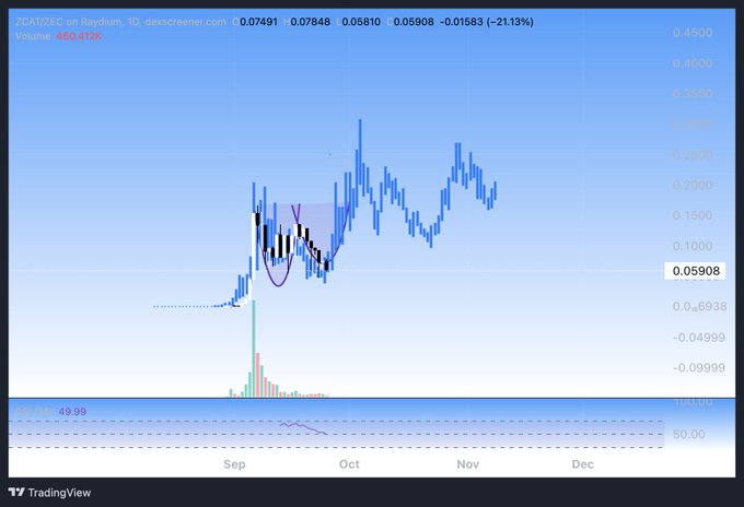 A TradingView chart showing the ZCAT/ZEC pair on Raydium, currently priced at 0.05908 (-21.13%), displaying a pattern with an inverted cup and handle, followed by a significant upward price movement through September to December.