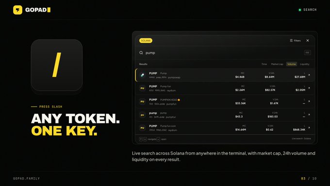 A dark-themed promotional graphic for 'GOPAD' features a large yellow slash key icon and the tagline 'ANY TOKEN. ONE KEY.', alongside a mockup of a terminal interface showing token search results.