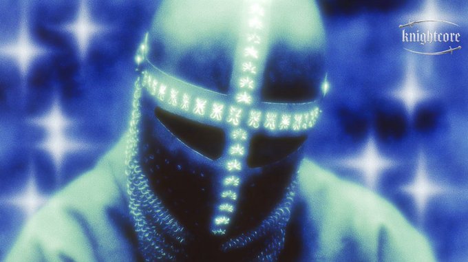 A glowing blue-tinted figure wearing a medieval great helm with a cross pattern made of small lights, chainmail around the neck, set against a starry background with the watermark 'knightcore'.