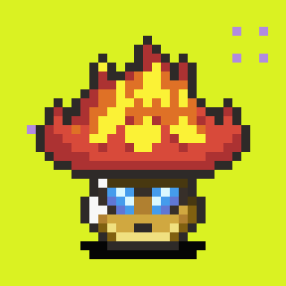 A pixel art character wearing a red and yellow flame hat with blue eyes on a yellow-green background.