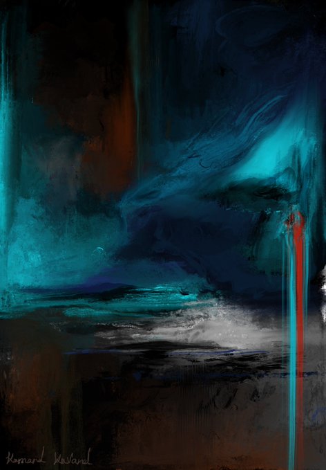 An abstract painting featuring dark teal, blue, and brown tones with a signature 'Howard Mesard' in the bottom left corner.