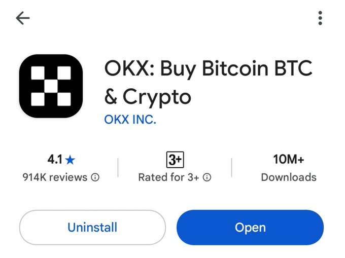 A screenshot of an app store page for 'OKX: Buy Bitcoin BTC & Crypto' by OKX INC., showing a 4.1-star rating from 914K reviews and over 10M downloads.