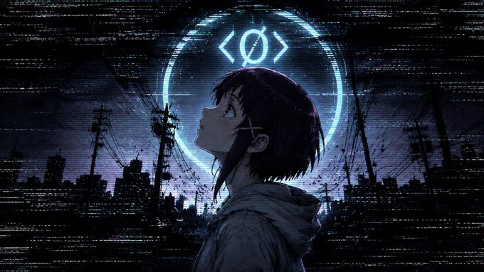 Anime-style girl looks up at a glowing circular emblem containing the characters "<Ø>" set against a glitchy, dark cityscape with power lines.

The image ties into the "Stream is live now" post, likely serving as a stylized profile or cover visual for a pump.fun coin broadcast, with the <Ø> symbol representing the project.
