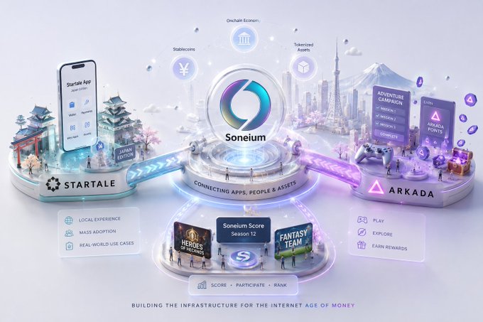 A promotional graphic for Soneium showing 'CONNECTING APPS, PEOPLE & ASSETS' with featured projects Startale (Japan Edition), Arkada (Adventure Campaign), and Soneium Score Season 12.
