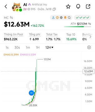 A CoinGecko mobile app screenshot showing the AI (Artificial Intelligence) token at $12.63M market cap with +162.72% gain, displaying pool info, 1.7% tax, and an ATH of $17.17M.