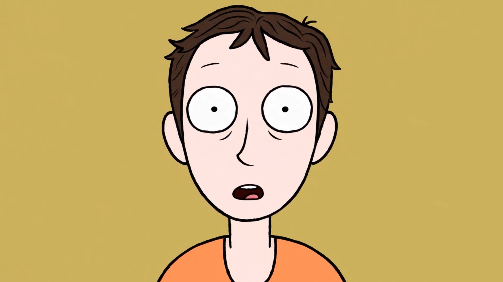 A close-up cartoon illustration of Morty from the show Rick and Morty, with wide, surprised eyes and an open mouth, wearing an orange shirt against a yellow background.