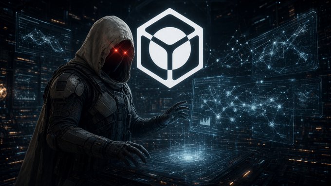 A hooded figure with glowing red eyes and futuristic armor interacts with holographic data displays, with a geometric cube logo floating in the background.