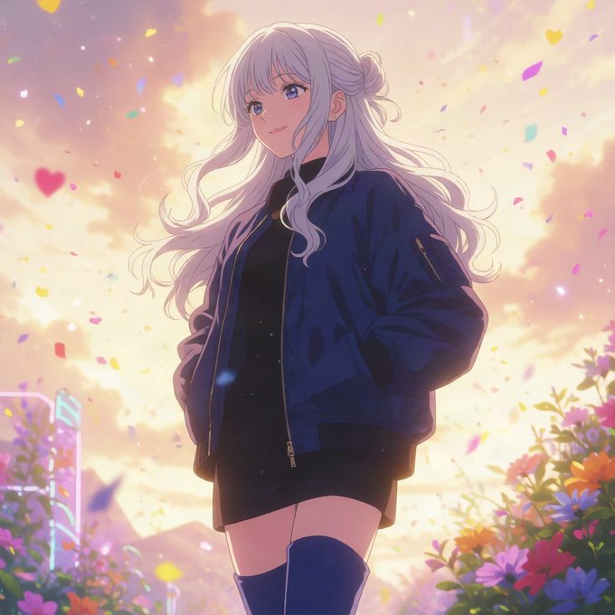 An anime-style illustration of a girl with long silver/white hair wearing a blue jacket and black dress, standing against a sunset sky with falling confetti and colorful flowers.