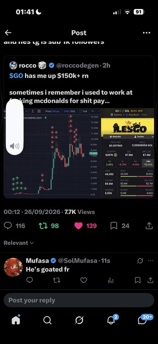 A screenshot of an X (Twitter) post by @roccodegen showing a crypto chart for $GO with the caption 'sometimes i remember i used to work at mcdonalds for shit pay' and a 'ZLESCO' meme overlay.
