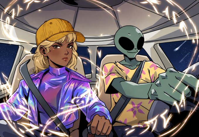 A digital illustration of a blonde woman in a yellow cap and iridescent purple jacket sitting next to a green alien in a floral shirt, both inside a flying car surrounded by glowing energy rings.