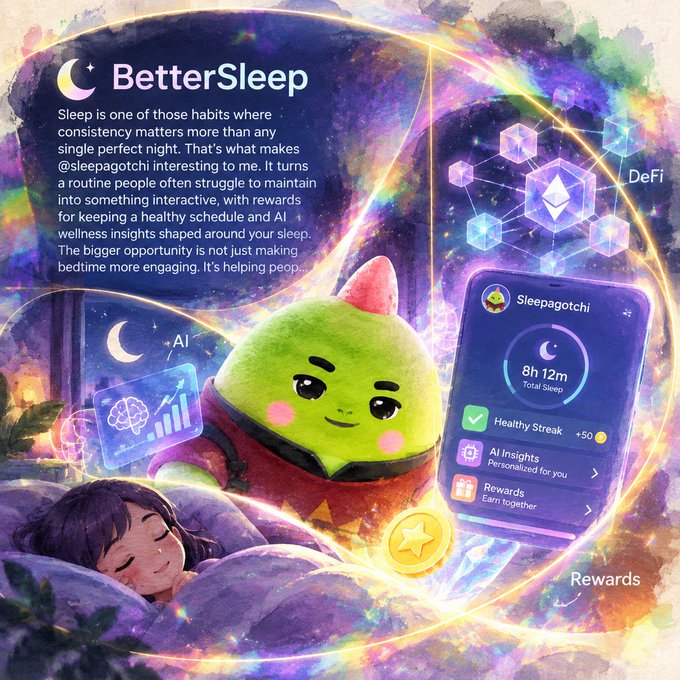 A promotional graphic for "BetterSleep" featuring a green character, text about @sleepagotchi, AI wellness, DeFi, and rewards including an "8h 12m" total sleep streak.