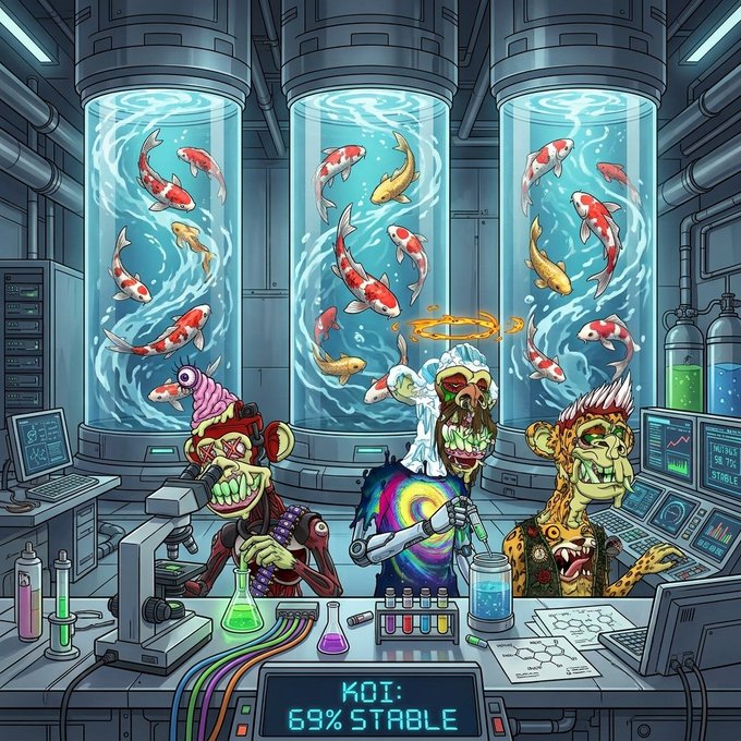 A chaotic cartoon scene of three grotesque scientists tending to giant tanks of koi fish, working amid bubbling beakers and lab equipment while a control panel reads "KOI: 69% STABLE," matching the post's playful nod to a secretive "koi labs" experiment.