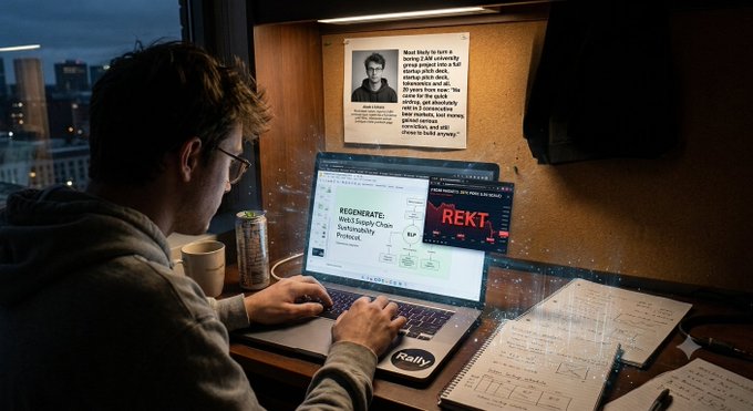 A young man with glasses works on a laptop displaying 'REKT' in red text, with a 'Rally' sticker visible; a wall poster reads 'REGENERATE: Host An Empty Chain • Sustainability Protocol' and a coffee can sits on the desk.