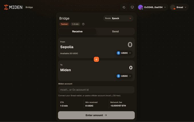 A dark-themed web interface for a 'MIDEN Bridge' service displays options to transfer USDC between Sepolia and Miden networks, currently showing a zero balance for both.