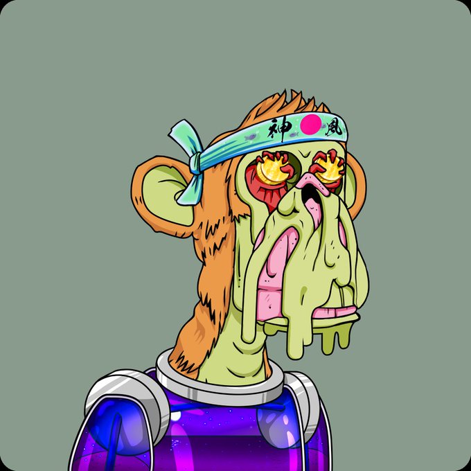 A cartoon illustration of an orange monkey with fiery eyes wearing a headband that reads '神風' (Kamikaze), melting green slime dripping from its face and neck, partially emerging from a purple space helmet.