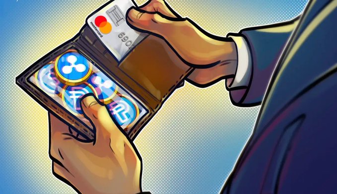 The image shows a person holding an open wallet with a Mastercard card inside of it. The wallet contains a $USDC, $PYUSD, and $RLUSD stablecoins. The text in the image suggests that these major stablecoins are being used for transactions, which can help optimize liquidity and provide 24/7 settlement options.