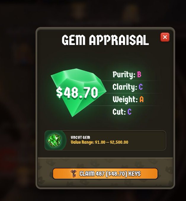 A 'GEM APPRAISAL' game screen showing an uncut green gem valued at $48.70, with stats for Purity (B), Clarity (C), Weight (A), and Cut (C), and a button to 'CLAIM 487 ($48.70) KEYS'.