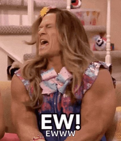 The image features a man with long blonde hair wearing a colorful dress, sitting on a couch or chair. The caption of the image reads "EW! EW! EW!" which seems to be a playful response to an earlier statement about the relayx p2p focus feeling like the real backbone play in the post.
