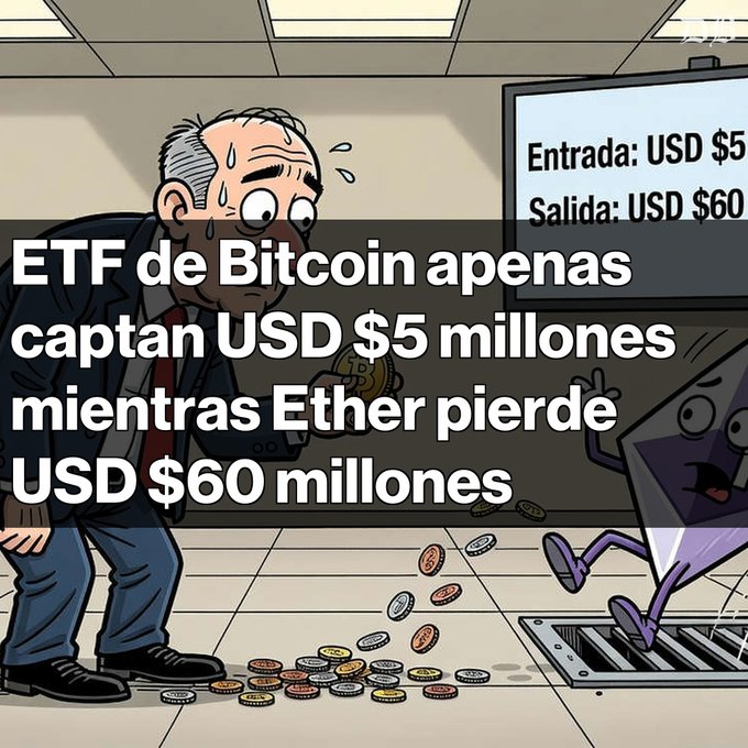 A cartoon illustration showing a sweating man holding a Bitcoin coin next to a falling Ethereum diamond, with Spanish text reading 'ETF de Bitcoin apenas captan USD $5 millones mientras Ether pierde USD $60 millones' and a sign listing 'Entrada: USD $5' and 'Salida: USD $60'.