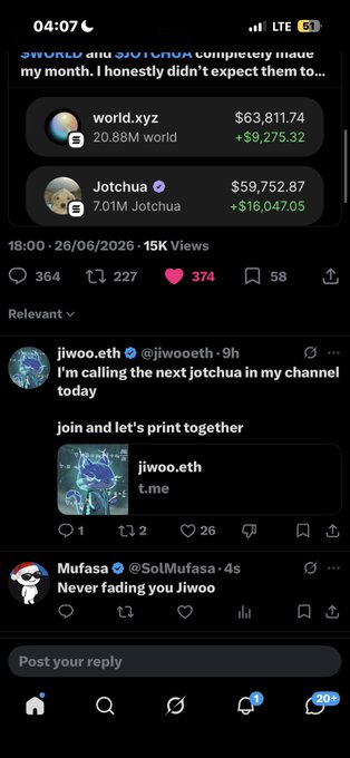 A Twitter/X screenshot showing a post about "$WORLD and $JOTCHUA completely made my month," with $WORLD up $9,275.32 and $JOTCHUA down $16,047.05, followed by replies from @jiwoo.eth announcing a "Jotchua" channel and @Mufasa (@SolMufasa) saying "Never fading you Jiwoo." The image doesn't visually display the Solana address or "Thanks Echo" message referenced in the post.