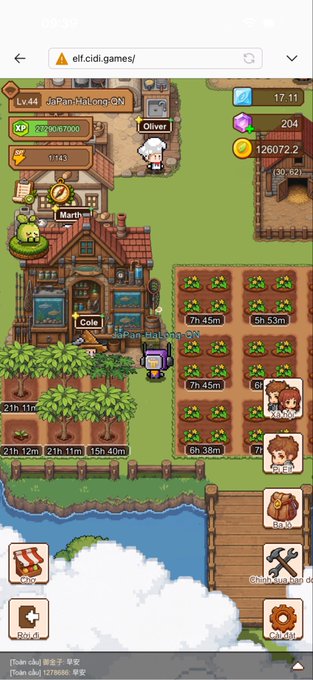 A screenshot from the browser game 'elf.cidi.games' showing a farming/garden simulation scene with a level 44 'JaPan-BaiLong-CN' character, crops with harvest timers, and NPCs named Oliver and Martha.
