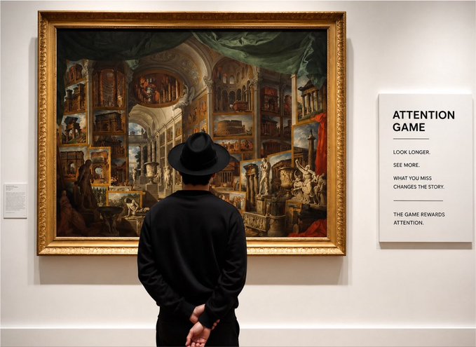 A person wearing a black hat and sweater stands viewing an ornate classical painting of an architectural interior in a museum, next to a wall placard titled "ATTENTION GAME" with text reading "LOOK LONGER. SEE MORE. WHAT YOU MISS CHANGES THE STORY. THE GAME REWARDS ATTENTION."