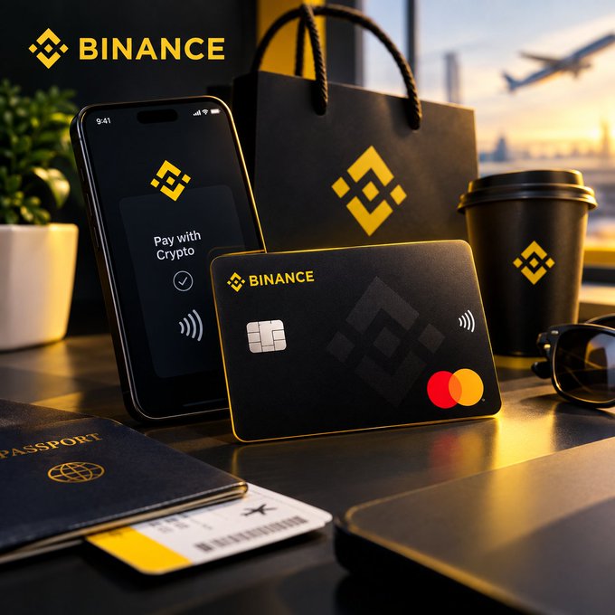 A Binance promotional image showing a smartphone displaying 'Pay with Crypto', a Binance credit card, a branded shopping bag and cup, alongside a passport and boarding pass at an airport.