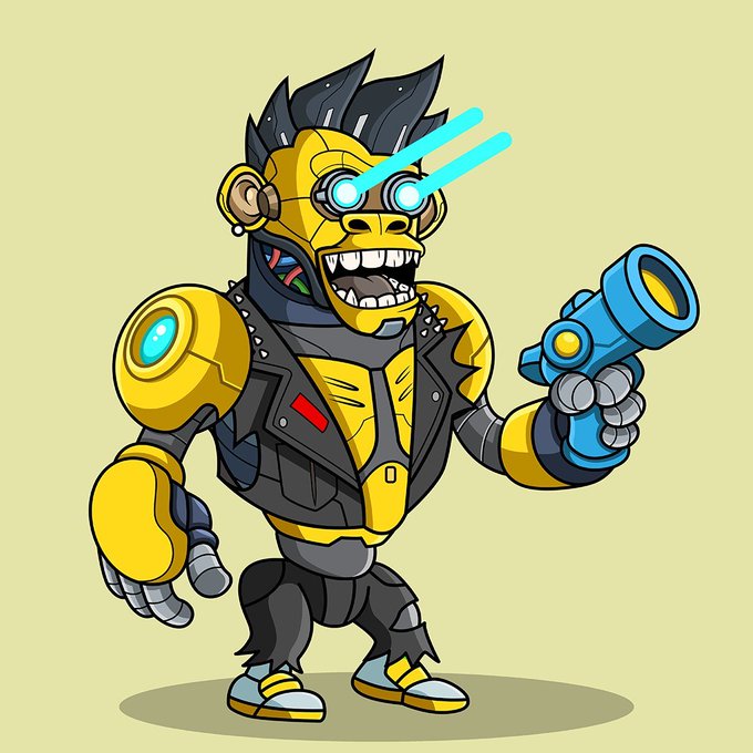 A cartoonish cyborg character with glowing blue laser eyes, spiky hair, and yellow-and-black mechanical armor holds a blue futuristic pistol. The bold, detailed character design reflects the post's description of CyberThrone as a collection of 250+ handcrafted traits with unique personalities, armor styles, and pop culture-inspired individuality.